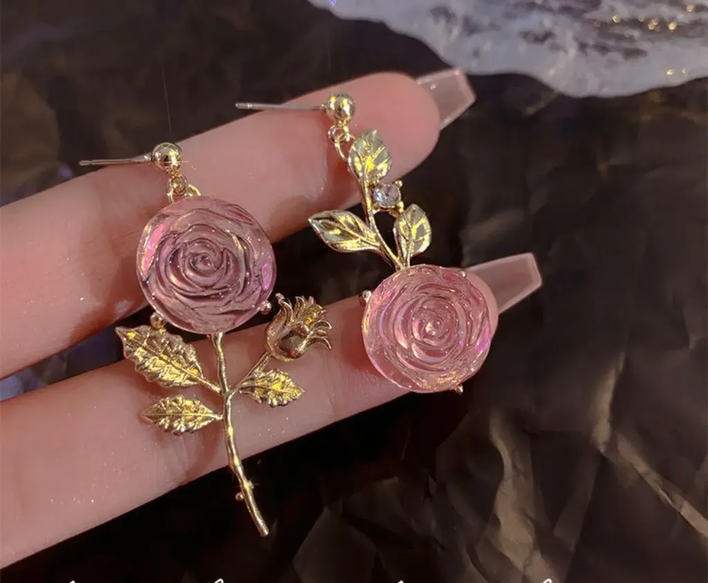 Pink rose asymmetric earrings