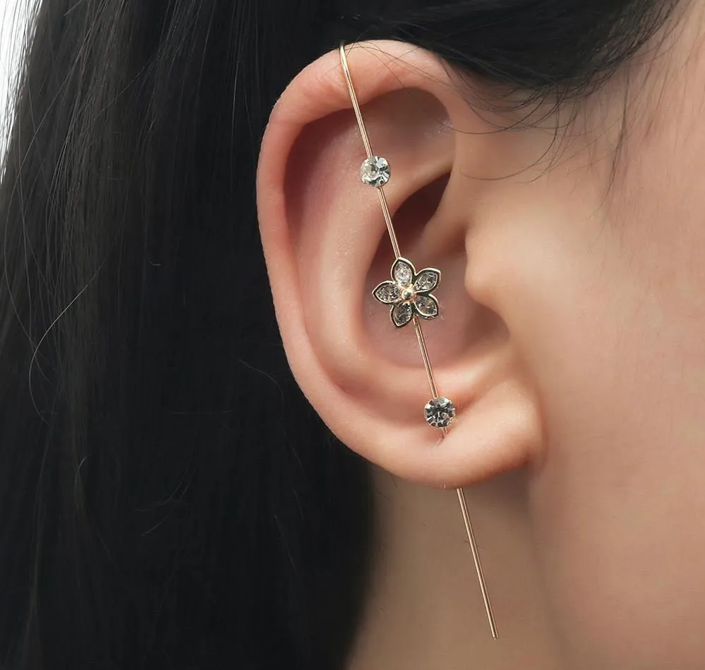 Gold Floral Crystal Ear Pin