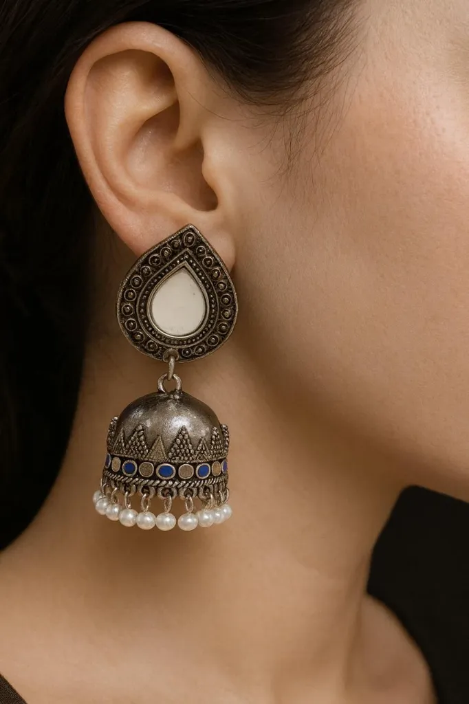 Mirror oxidised jhumka