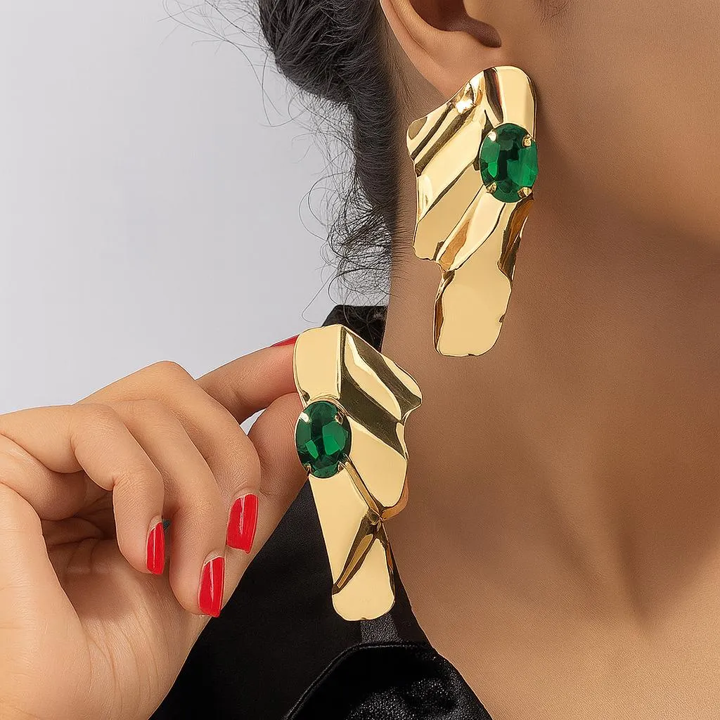 Green emerald golden statement earrings